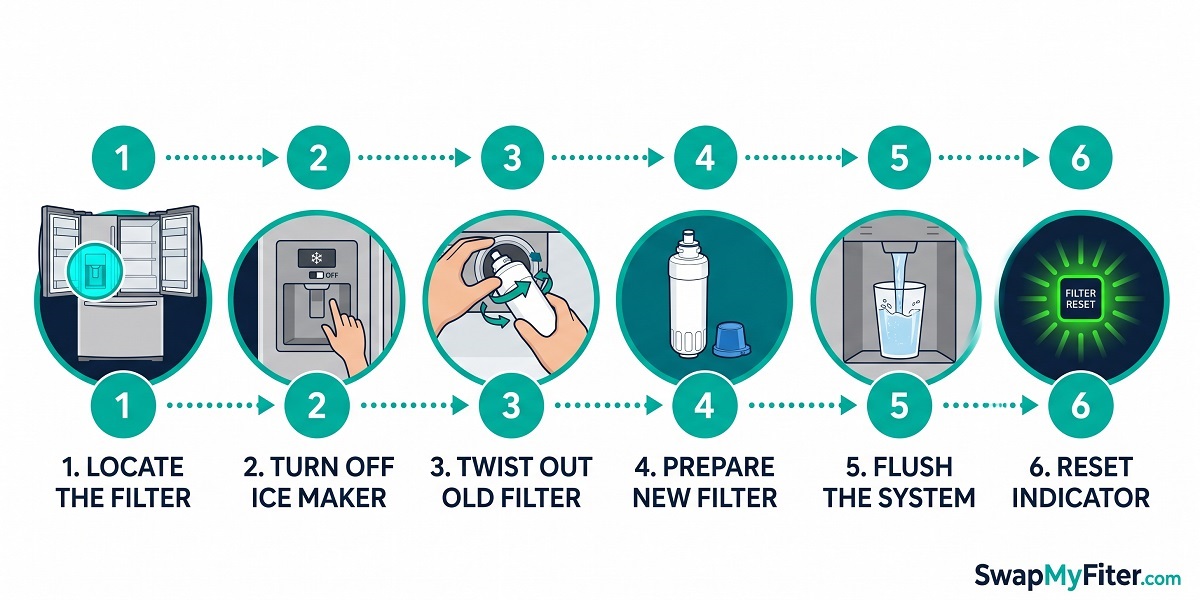 Step-by-step refrigerator water filter replacement process. How to replace a refrigerator water filter