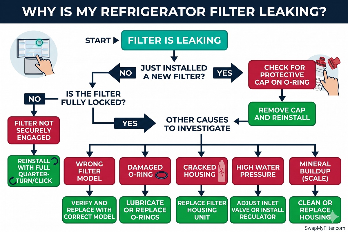 Refrigerator water filter leak diagnosis flowchart