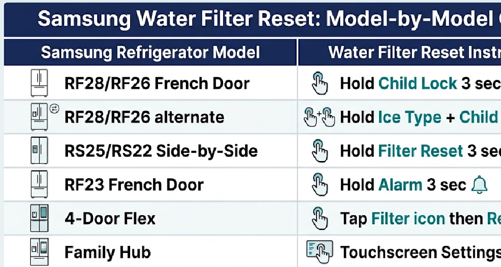 Samsung refrigerator water filter reset button guide by model