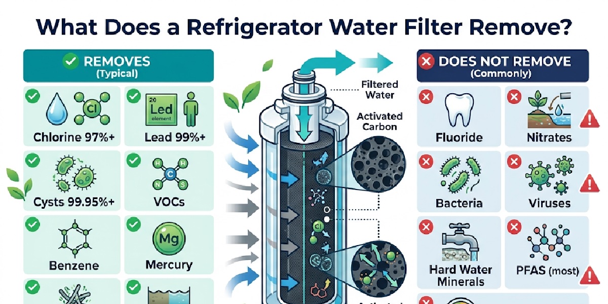 What a refrigerator water filter removes and doesn't remove — NSF data chart
