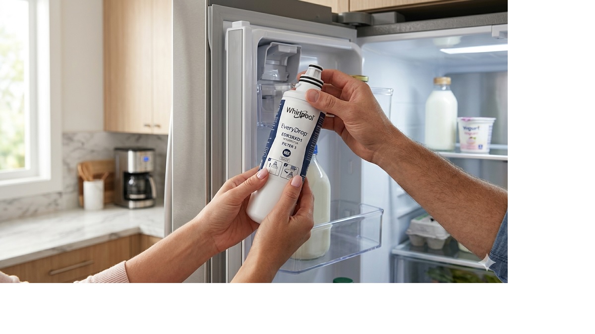 Installing Whirlpool W10295370A water filter in Whirlpool refrigerator upper interior - Whirlpool W10295370A filter