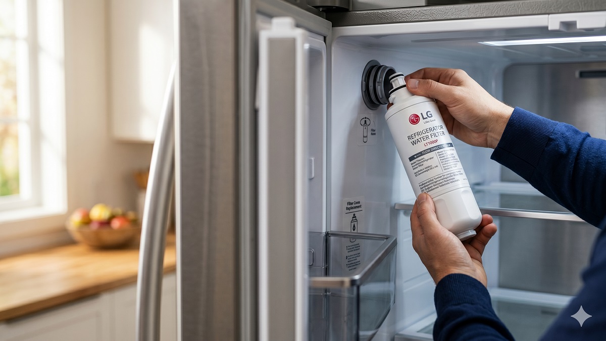 nstalling LG LT1000P water filter in LG refrigerator upper right interior