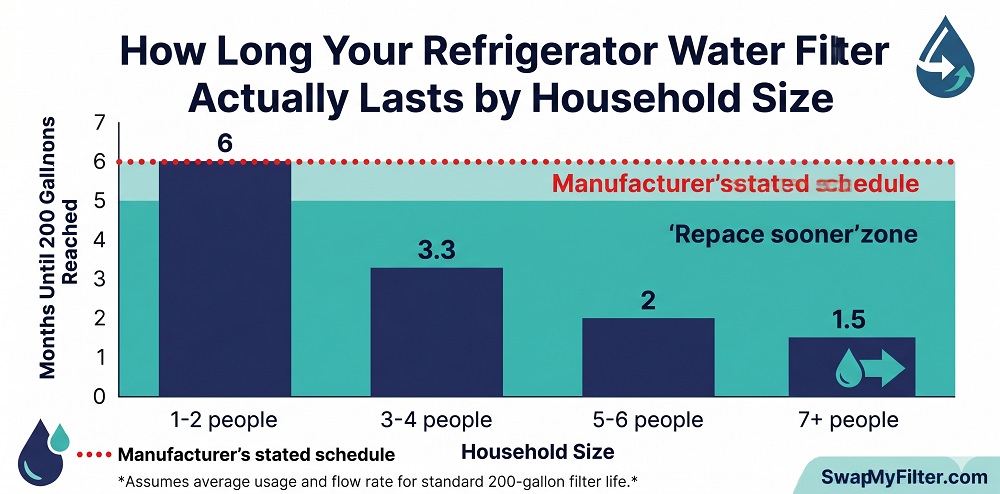 Refrigerator water filter replacement schedule by household size chart