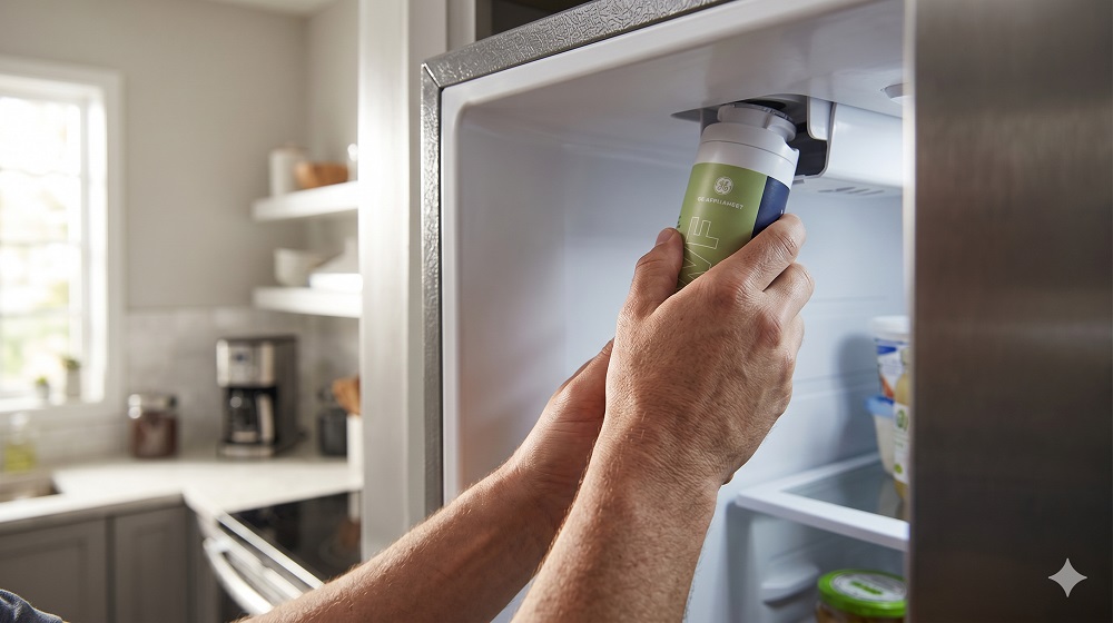 Installing GE MSWF water filter replacement in side-by-side refrigerator