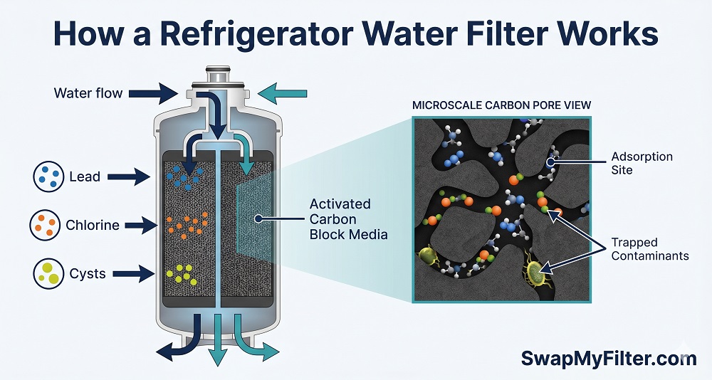 How a refrigerator water filter carbon block works diagram