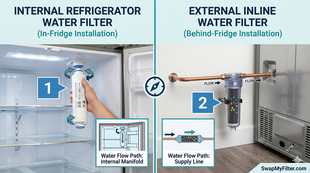 Internal vs inline refrigerator water filter comparison