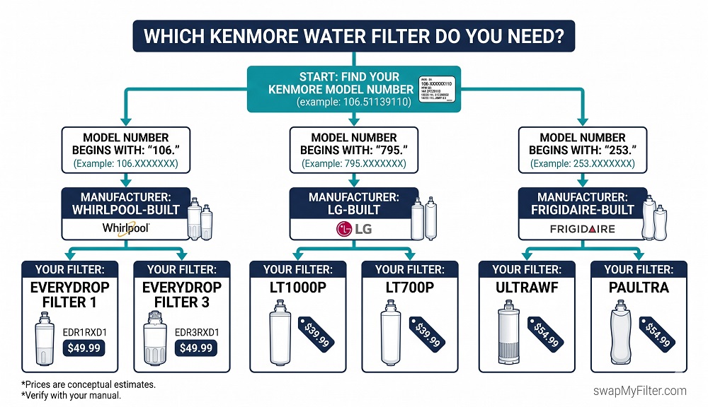 Kenmore refrigerator water filter identification guide by model prefix