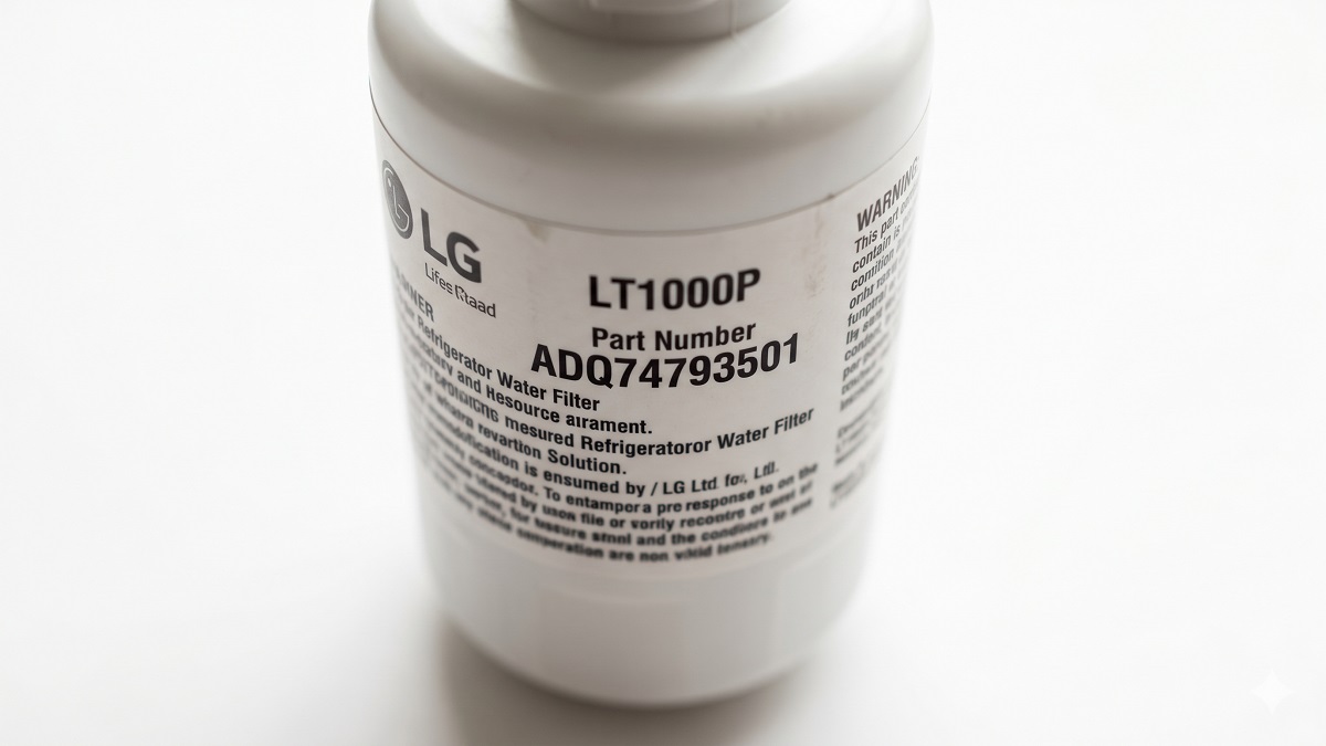LG water filter label showing ADQ74793501 part number same as LT1000P