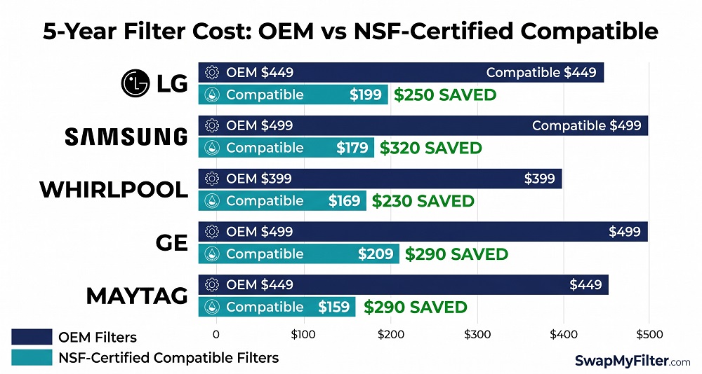 OEM vs budget refrigerator filter 5-year cost comparison by brand