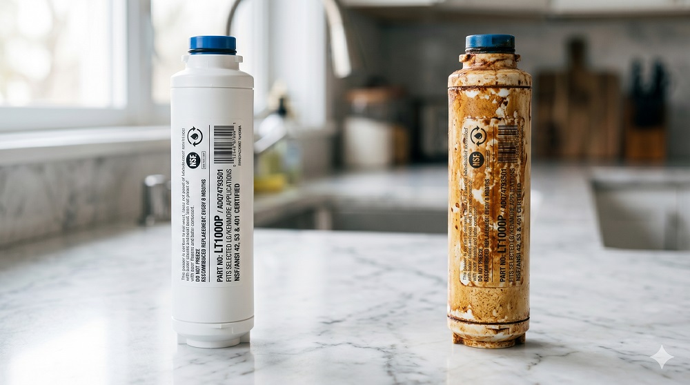 Refrigerator water filter clogged by iron in well water after 8 weeks