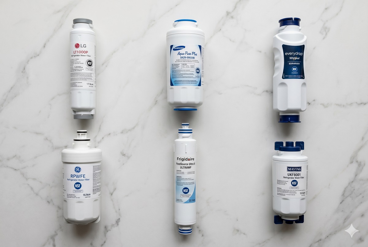 All major refrigerator water filter brands LG Samsung Whirlpool GE Frigidaire Maytag comparison